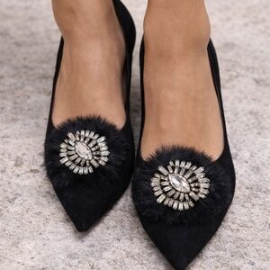 WHBM Black Faux Fur & Crystal Shoe Clips – NWT Statement Set